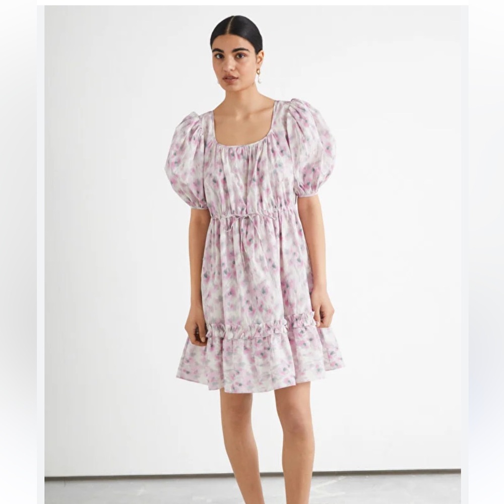 & OTHER STORIES Tiered‎ Puff Sleeve Mini Dress Lavender Floral XS - Picture 2 of 8